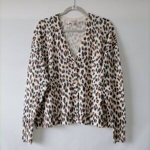 Loft Women's Multicolor Leopard Print V-Neck Drop Shoulder Cardigan Sweater Sz L